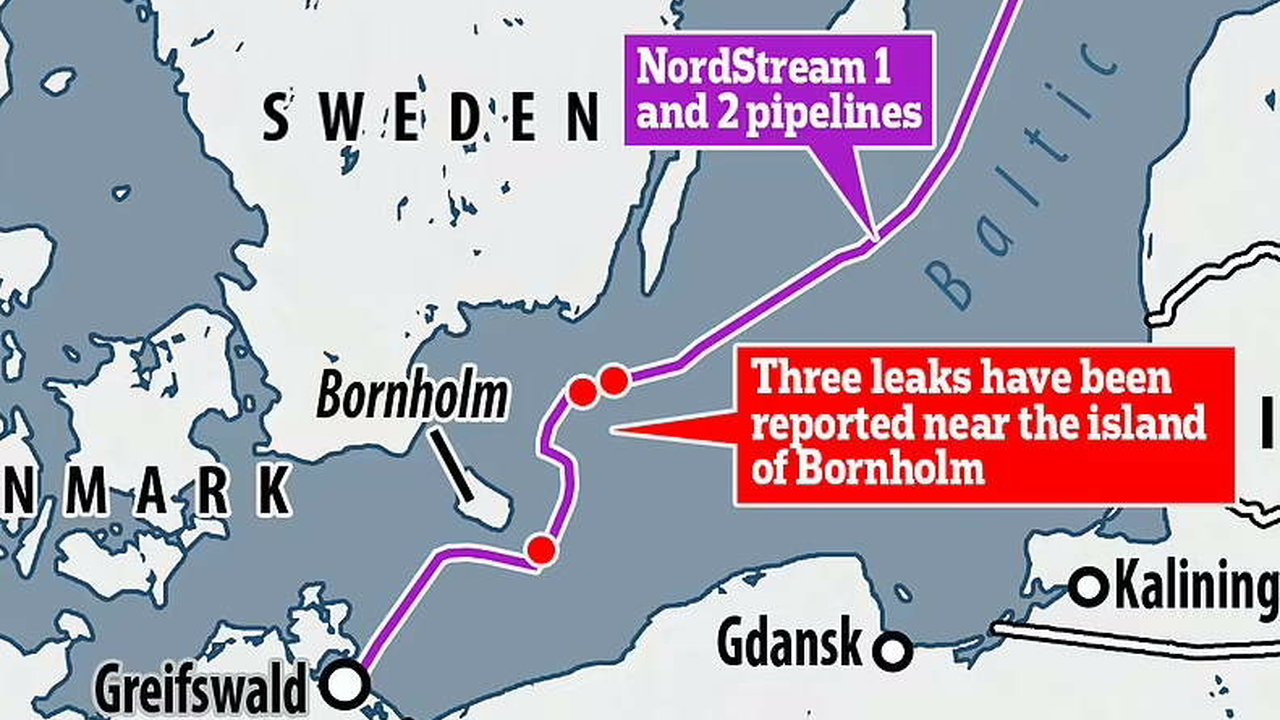 На красном фоне: "Три утечки зафиксированы близ острова Борнхольм". На фиолетовом: "газопроводы "Северный поток 1 и 2"